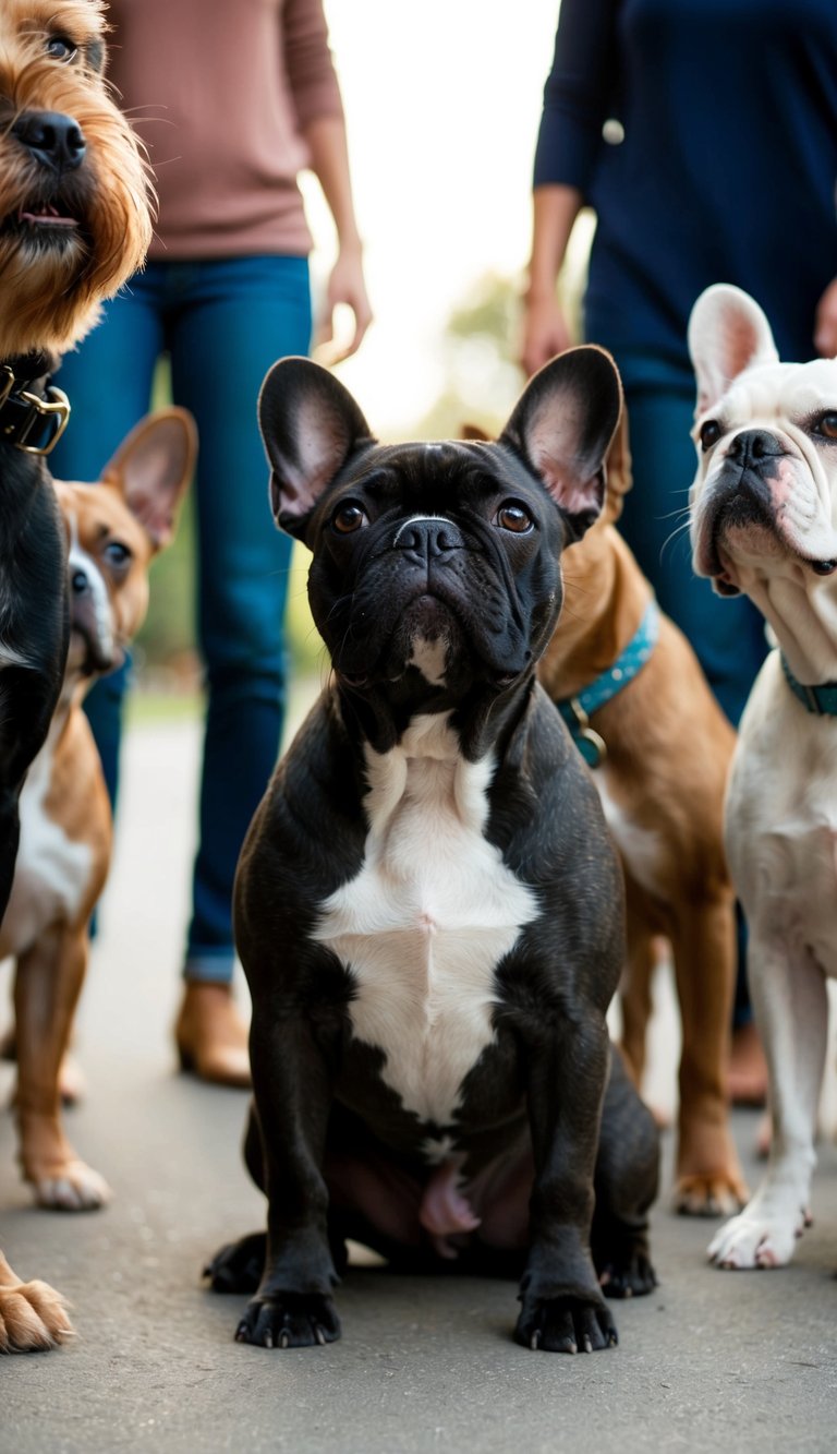 A French Bulldog sits faithfully by its owner's side, gazing up with adoring eyes. The loyal pup is surrounded by a group of other devoted dog breeds, all standing close by