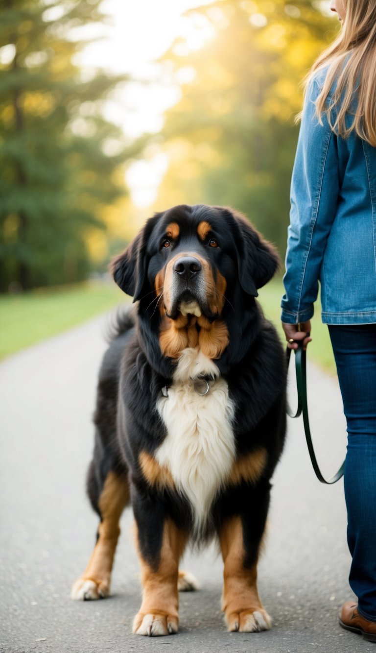 A loyal Newfoundland dog stands faithfully by its owner's side, gazing attentively with a gentle and devoted expression
