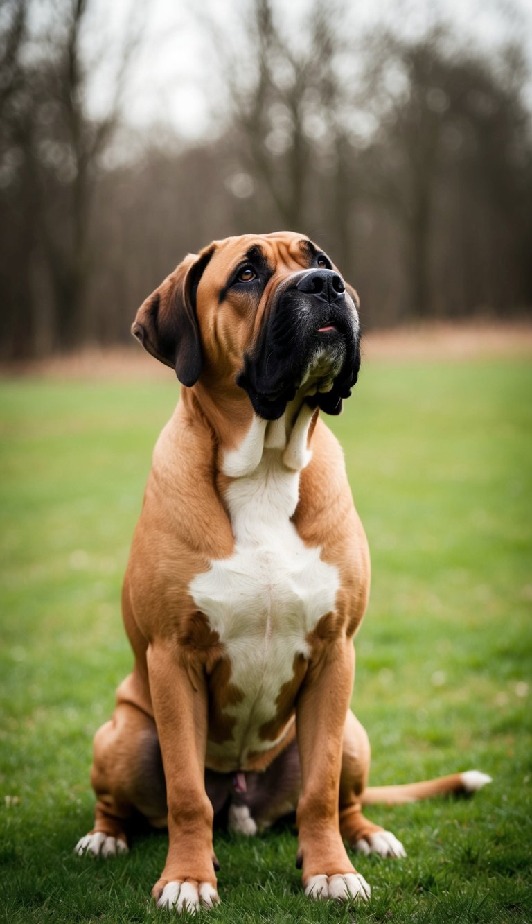 An English Mastiff standing faithfully by its owner's side, gazing up with unwavering loyalty