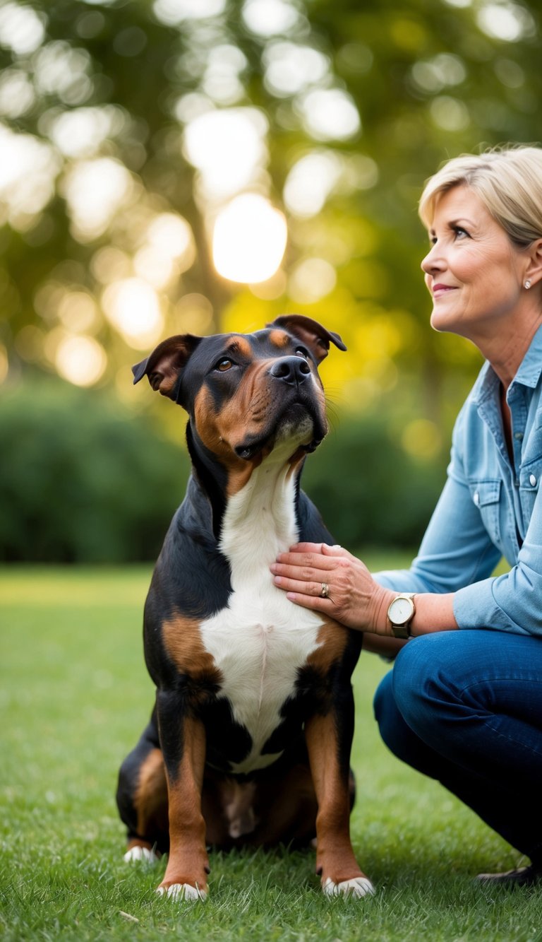 A Staffordshire Bull Terrier sits faithfully by its owner's side, gazing up with unwavering loyalty