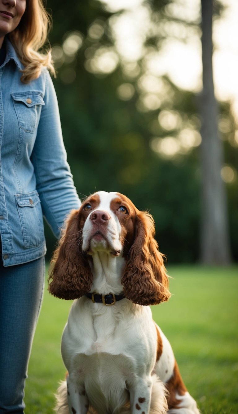 A Brittany Spaniel stands faithfully by its owner's side, gazing up with adoring eyes