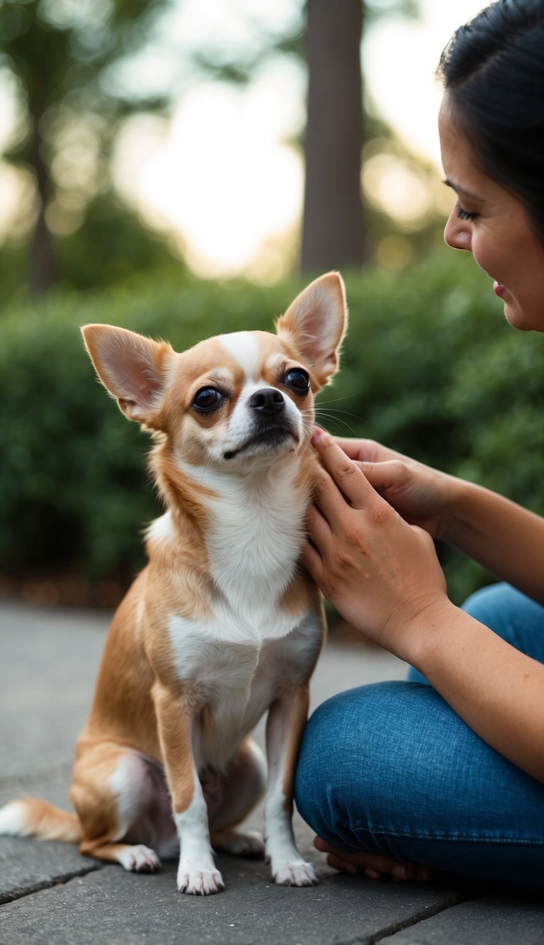 A Chihuahua sitting faithfully by their owner's side, looking up with adoring eyes as the owner pets them