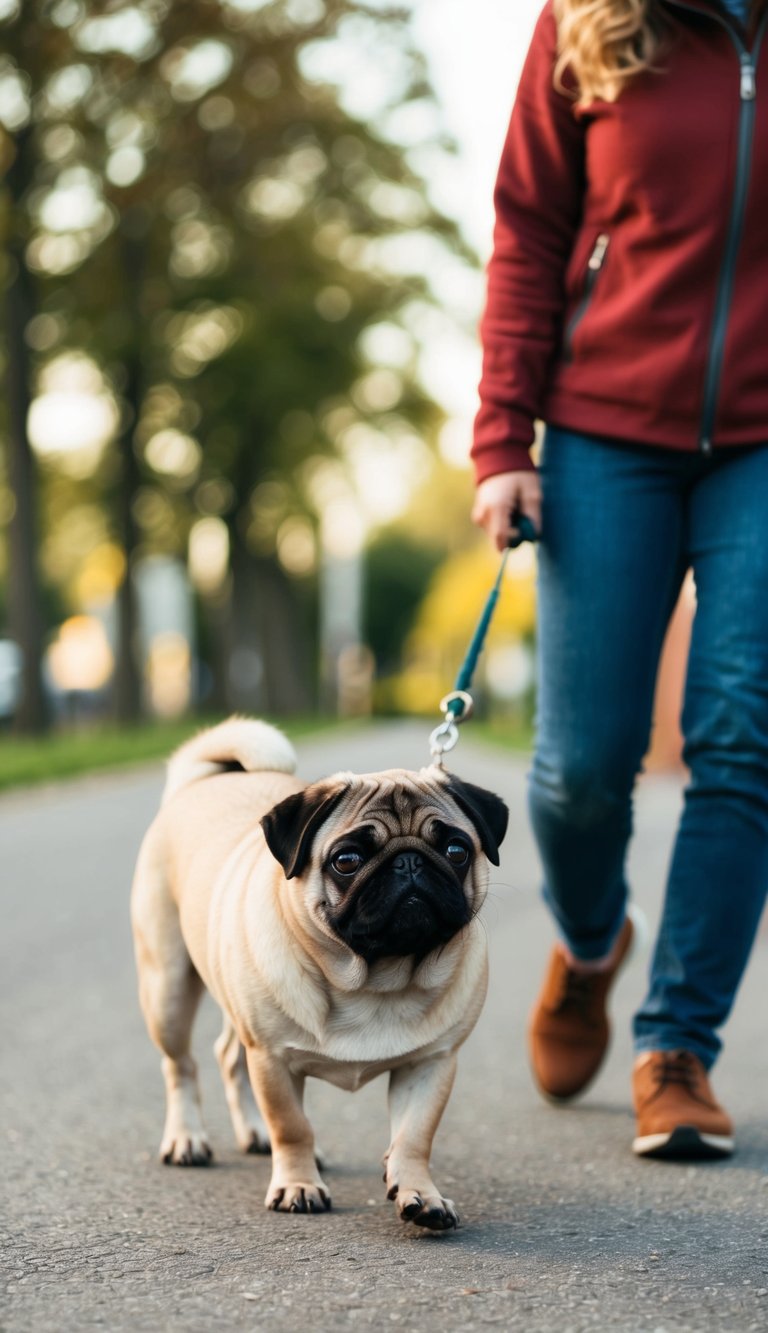 A pug walking faithfully beside its owner, looking up with adoring eyes