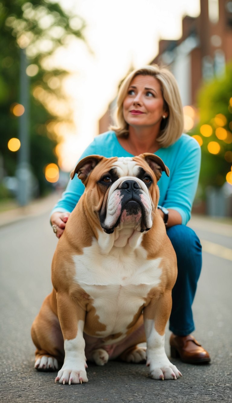 An English Bulldog sits faithfully by its owner's side, gazing up with adoring eyes