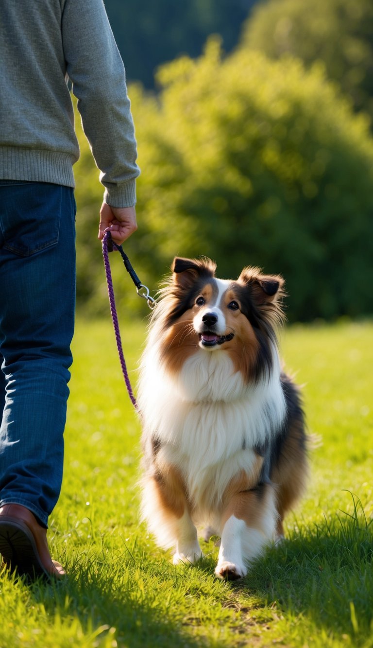 A Shetland Sheepdog stands faithfully by its owner's side, gazing up with unwavering loyalty as they walk together through a lush green meadow