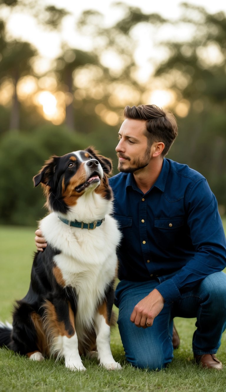 An Australian Shepherd sitting faithfully by their owner's side, gazing up at them with unwavering loyalty and devotion