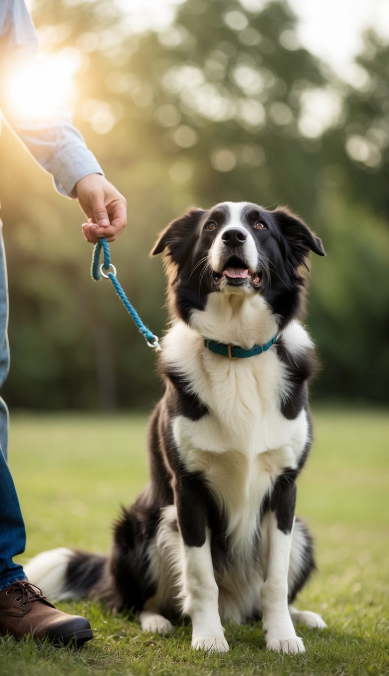 A Border Collie standing faithfully by its owner's side, gazing up with unwavering loyalty and devotion