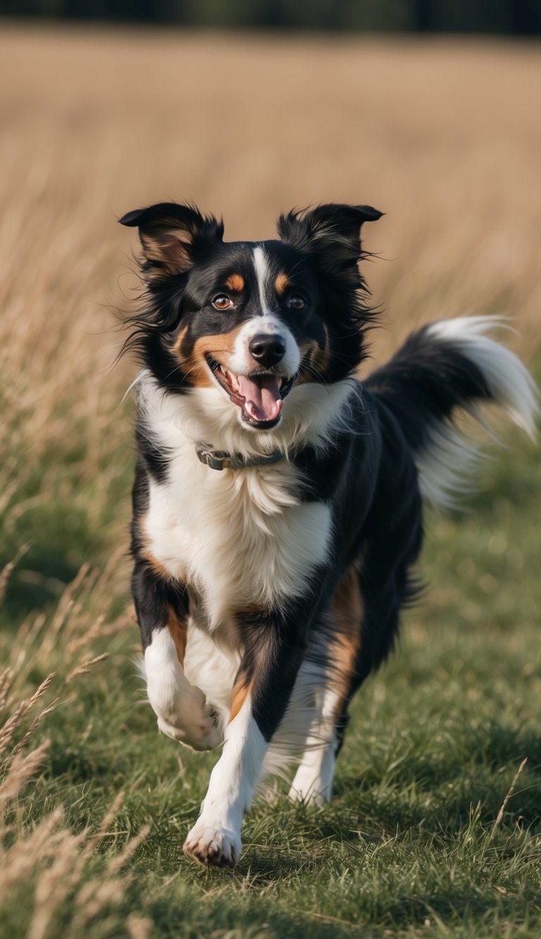 A Border Collie running through a field, her fur flowing in the wind as she exudes energy and excitement
