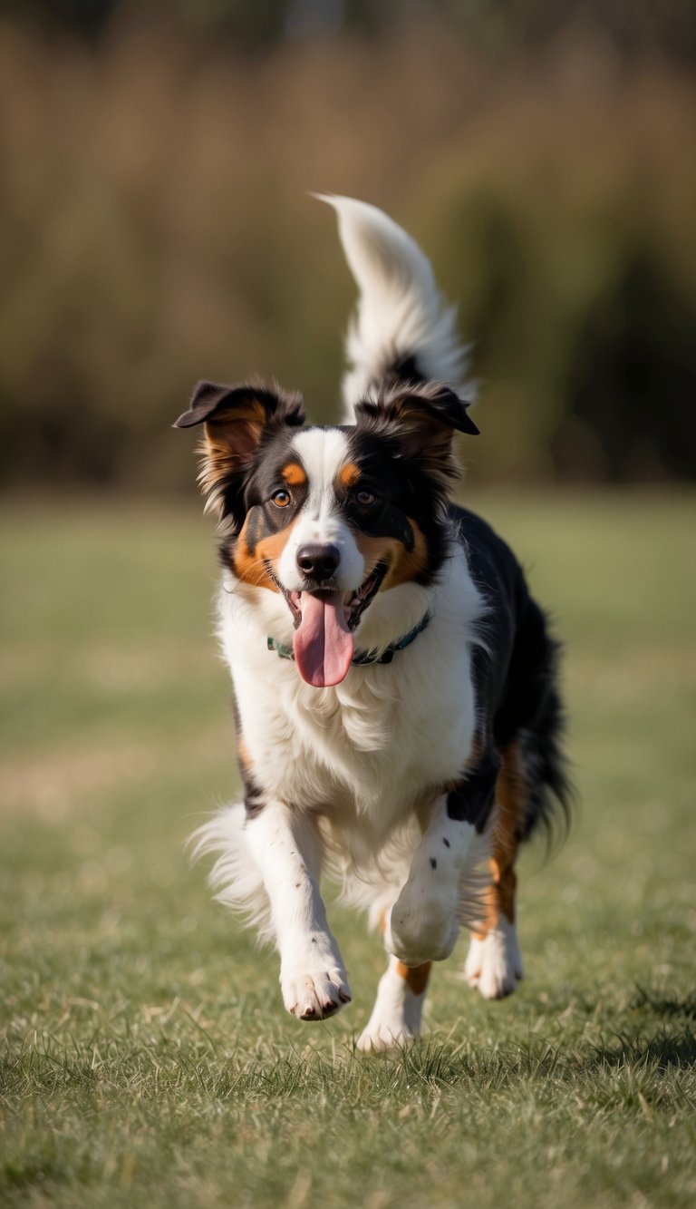 An Australian Shepherd running through a field, tongue out and tail wagging, with a frisbee in its mouth