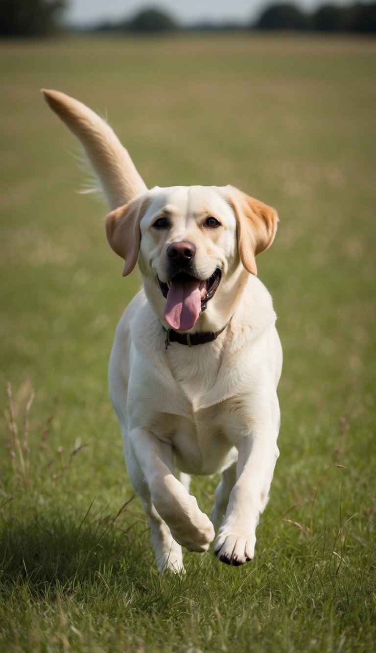 A Labrador Retriever running through a grassy field, tongue hanging out, tail wagging, and ears flopping in the wind