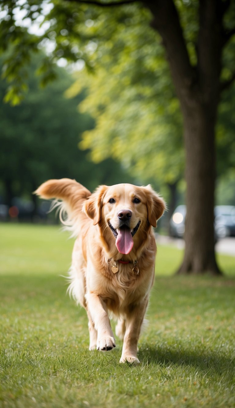 A Golden Retriever running through a park, tongue out and tail wagging, surrounded by trees and grass