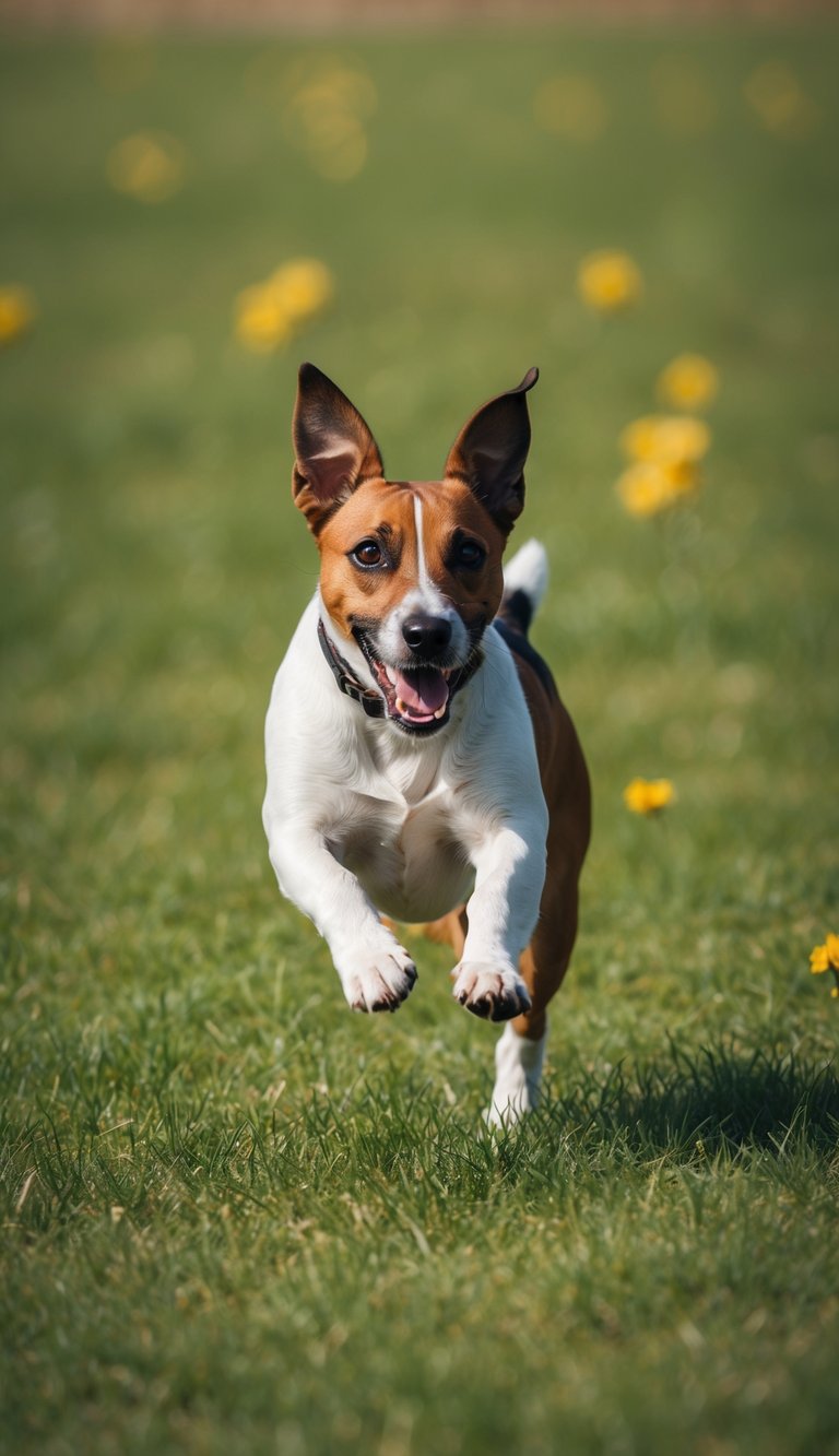 A Jack Russell Terrier running and playing in a wide open field, full of energy and excitement