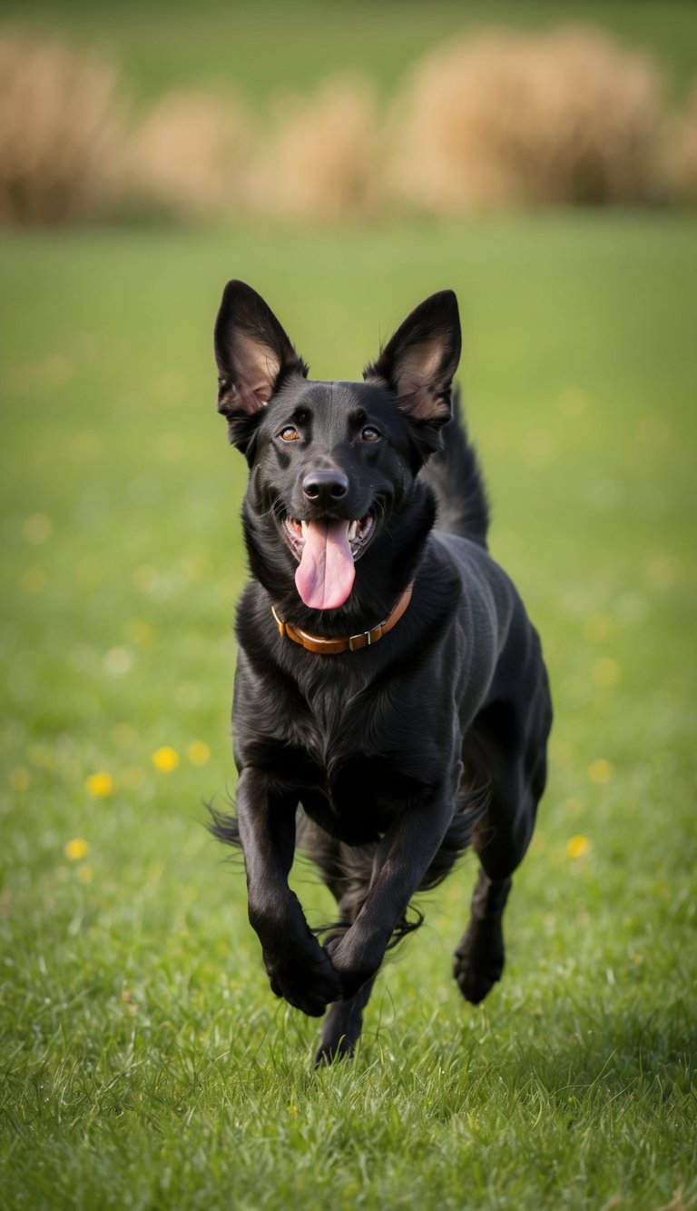 A Belgian Malinois running through a green field, tongue out, ears flapping, with a look of pure joy on its face