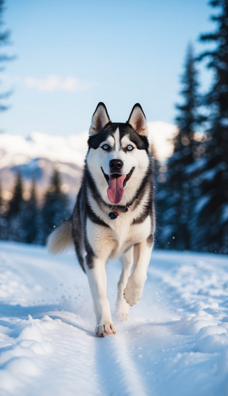 A Siberian Husky running through a snow-covered forest, tongue lolling and tail wagging, with a backdrop of mountains and a clear blue sky