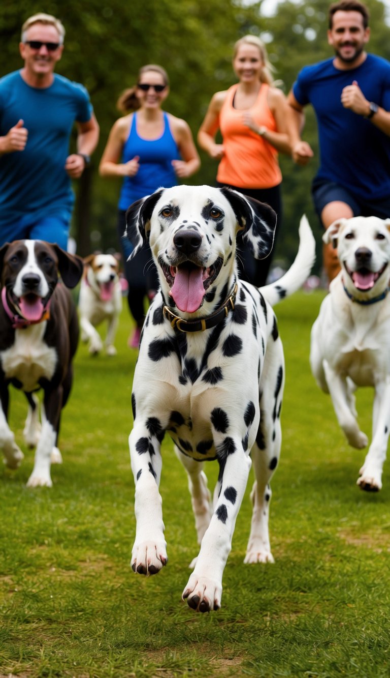 A Dalmatian running through a park, tongue out and tail wagging, surrounded by other energetic dog breeds and their active owners