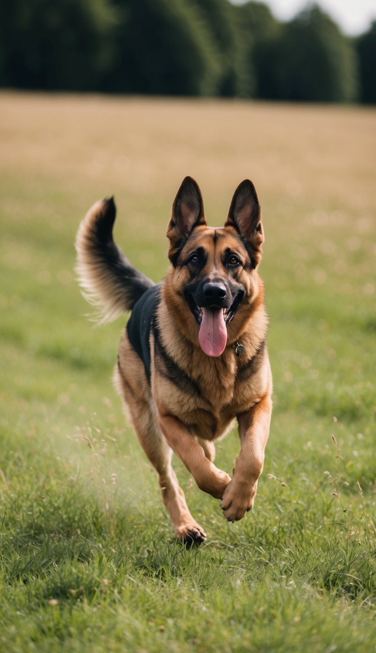 A German Shepherd running through a grassy field, tongue out, ears perked, and tail wagging energetically