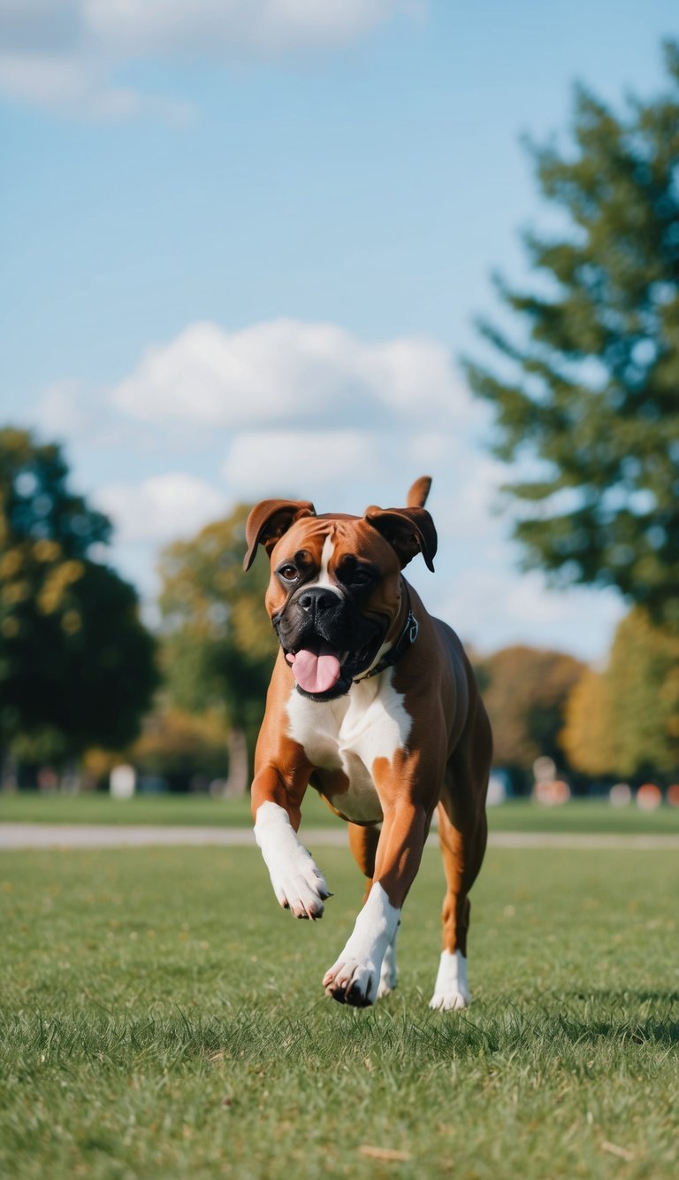 A boxer dog running through a park, tongue out and tail wagging, with a bright blue sky and green grass in the background