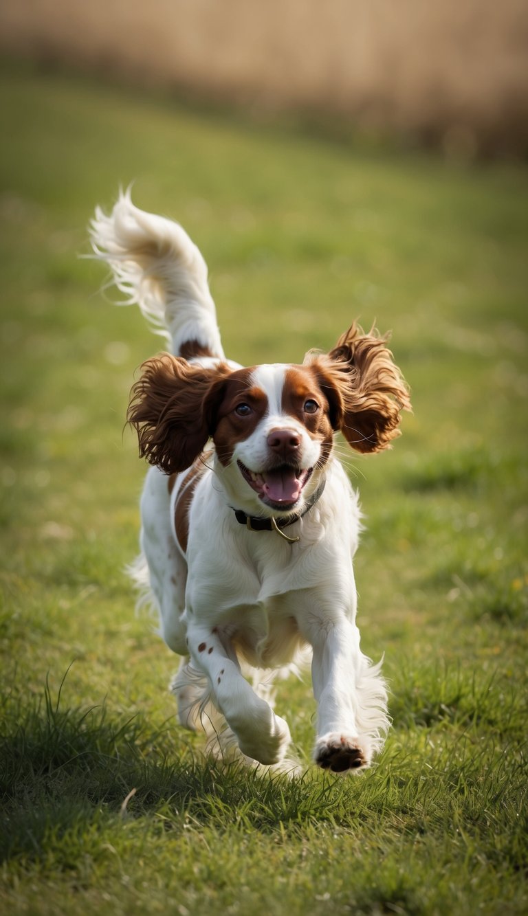 A Brittany Spaniel running through a grassy field, tail wagging and ears flopping, with a look of excitement and energy in its eyes