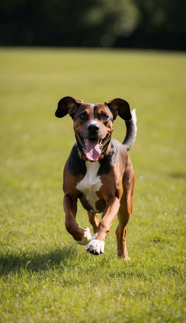 A Rhodesian Ridgeback running through a grassy field, tongue out and tail wagging, with a look of joy and energy in its eyes