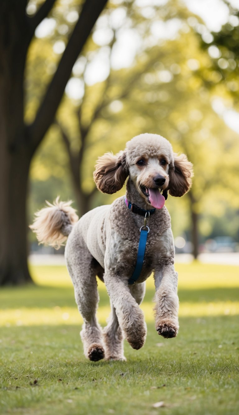 A poodle running through a park, tongue out, tail wagging, with a ball in its mouth