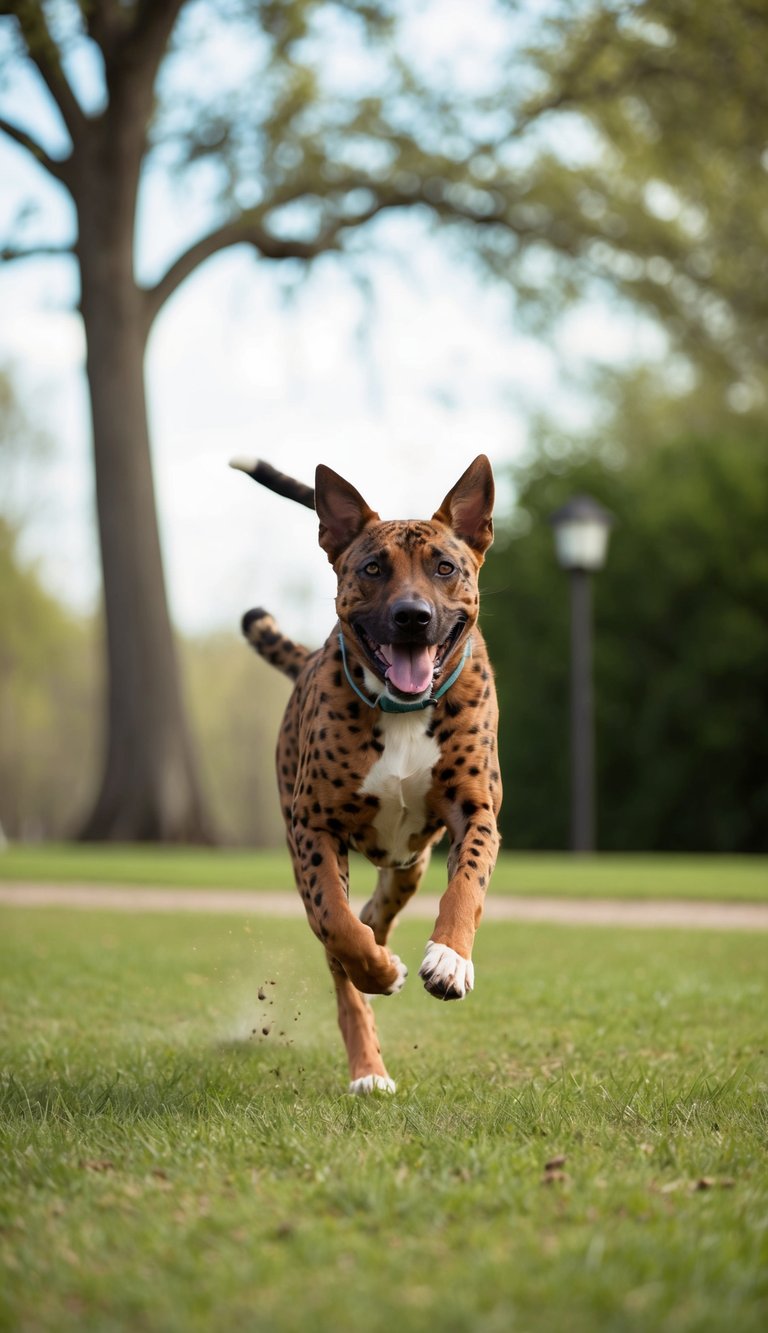 A Catahoula Leopard Dog running and playing in a spacious outdoor area, surrounded by trees and grass, with a sense of energy and excitement