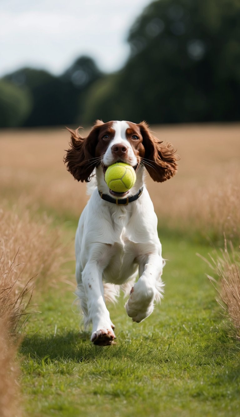 An English Springer Spaniel runs through a field, ears flapping, with a ball in its mouth