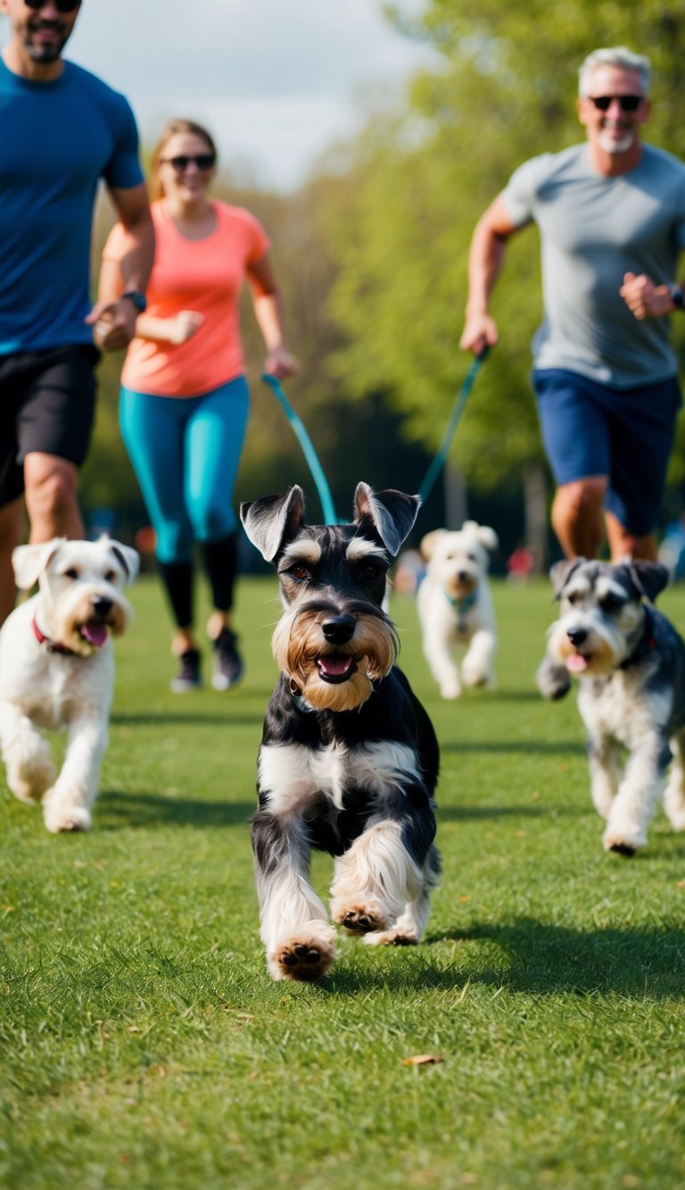 A lively Miniature Schnauzer frolics in a park, surrounded by other energetic dogs and their active owners