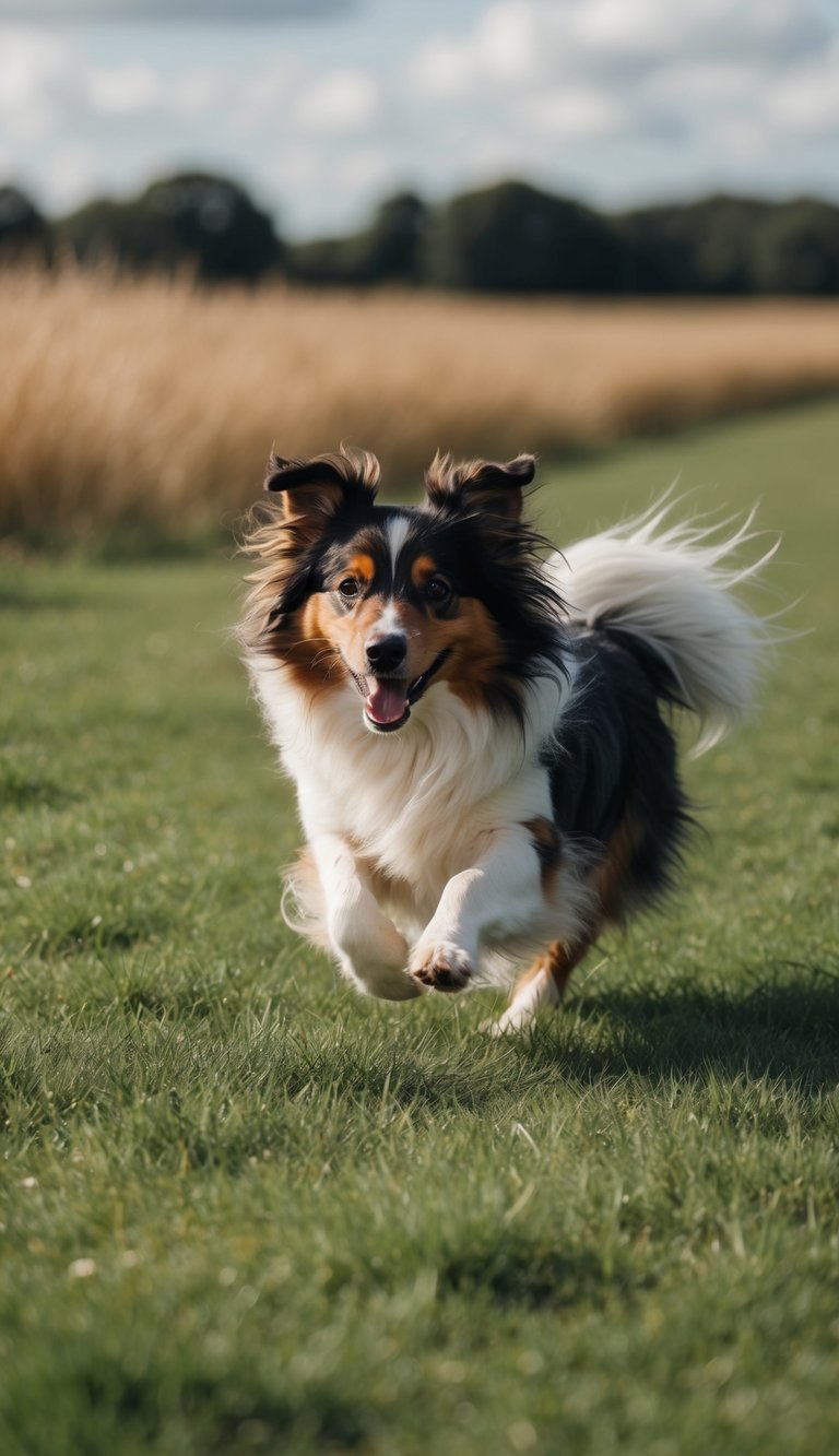 A Shetland Sheepdog frolics in a grassy field, its fur flowing in the wind as it runs with boundless energy