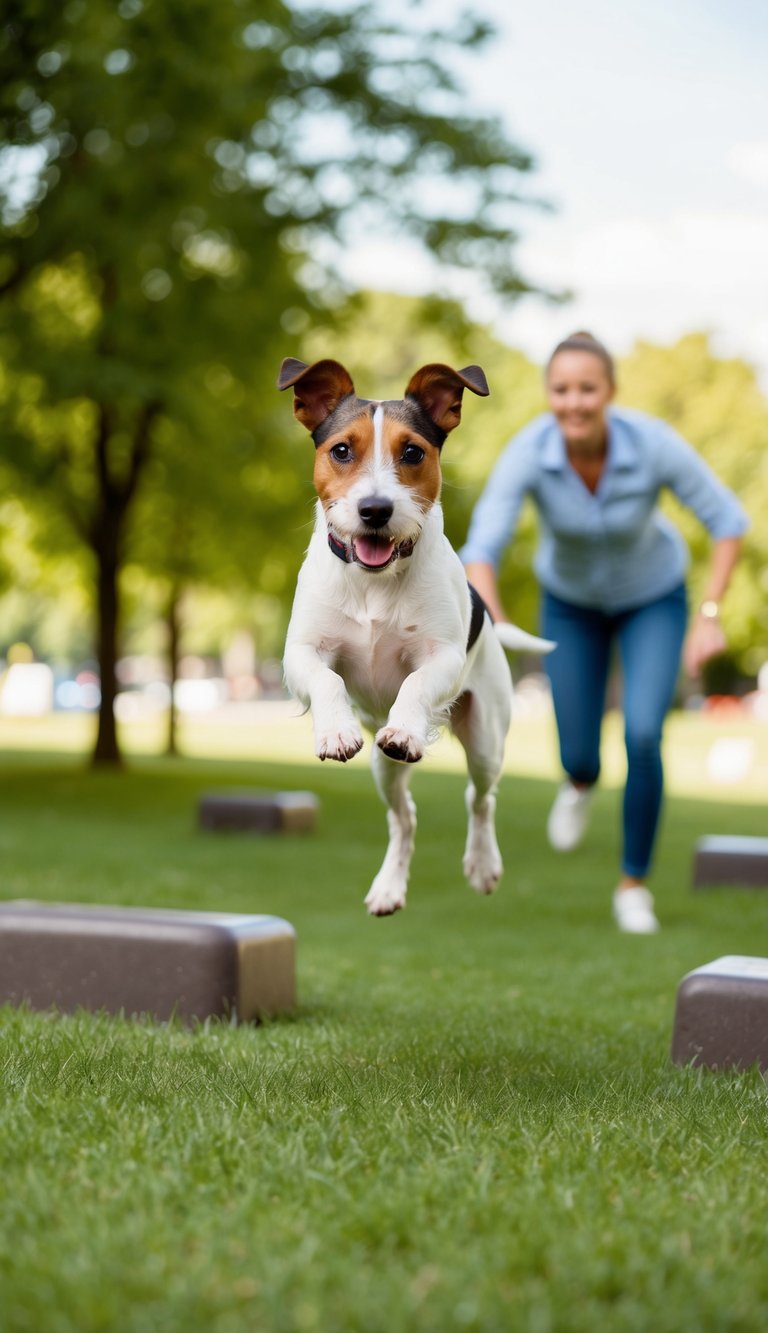 A Russell Terrier running through a park, jumping over obstacles and playing fetch with its owner