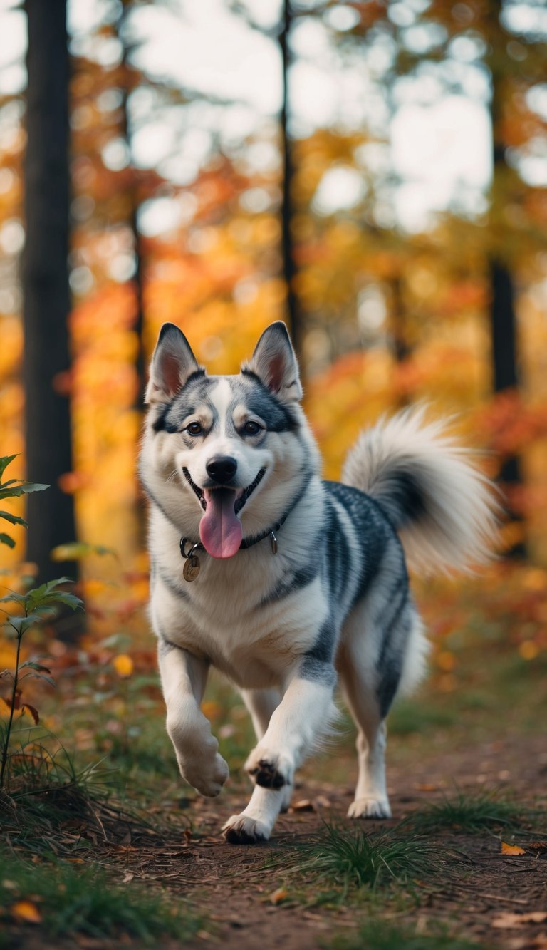 A Finnish Spitz running through a forest, tongue out, ears perked, and tail held high, with a backdrop of vibrant autumn foliage
