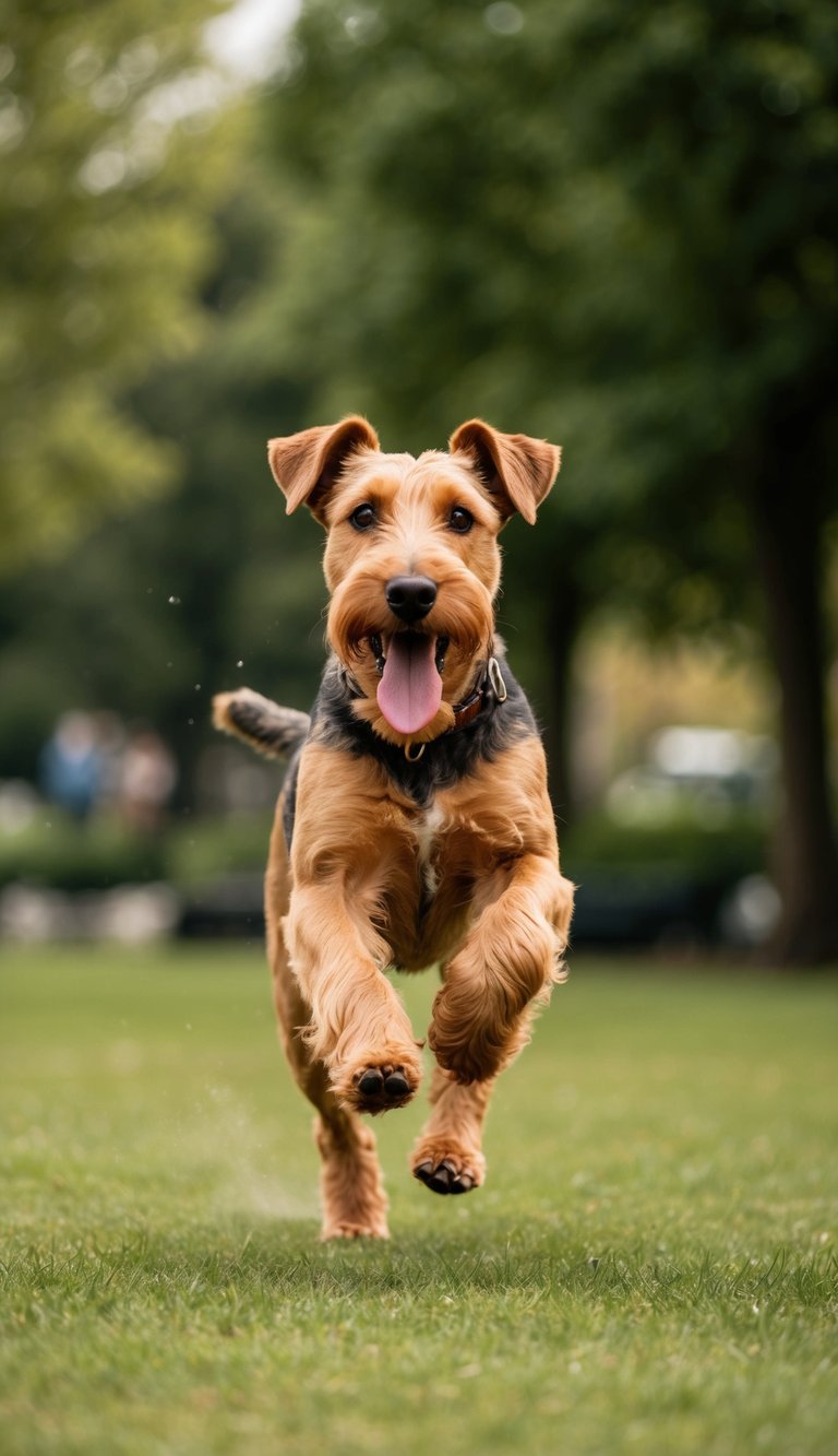 An Airedale Terrier running through a park, tongue out, tail wagging, with a frisbee in its mouth