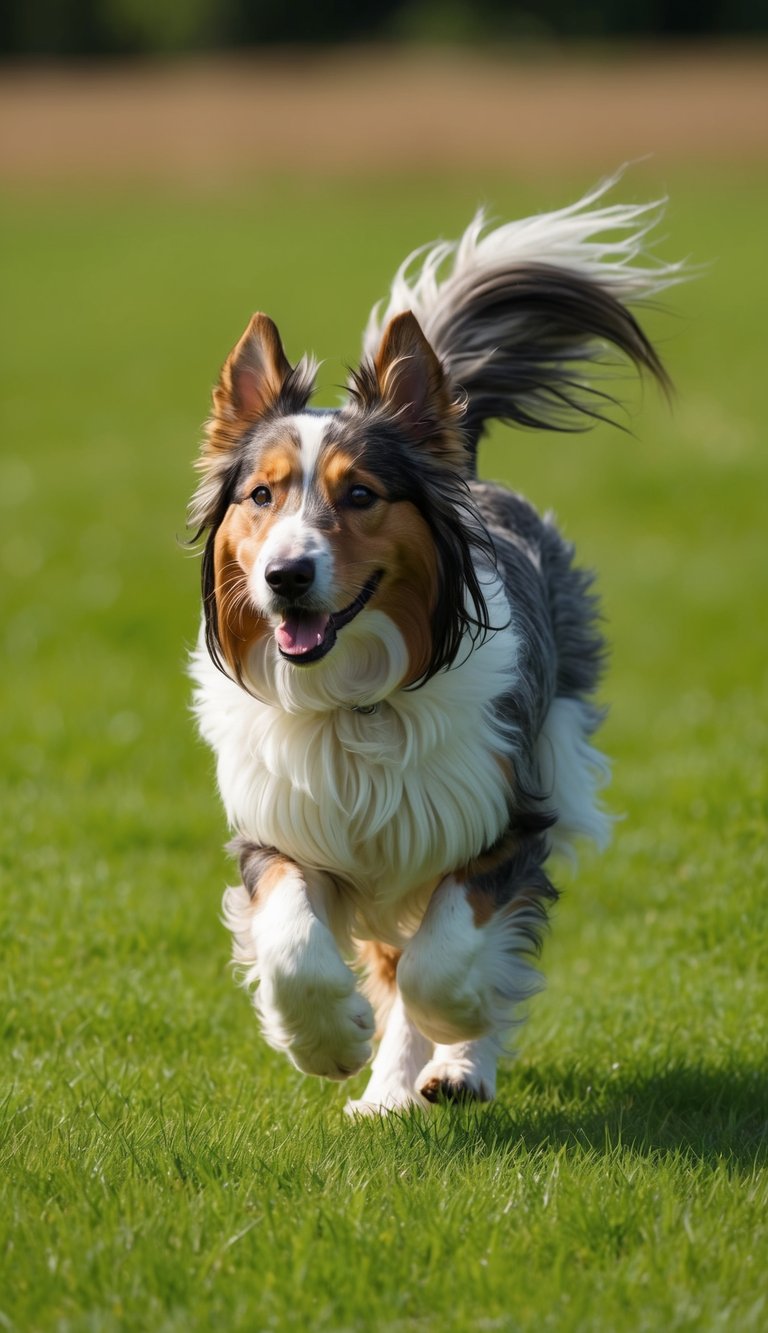 A Hungarian Puli running through a lush green field, its long corded coat flowing behind as it exudes energy and vitality