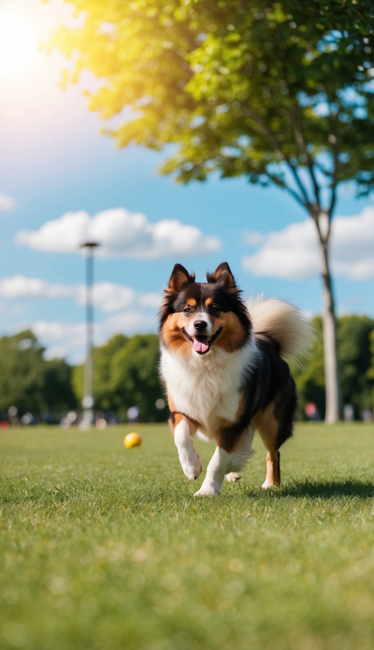 A Keeshond dog running and playing in a spacious park, surrounded by trees and grass, with a bright sunny sky overhead