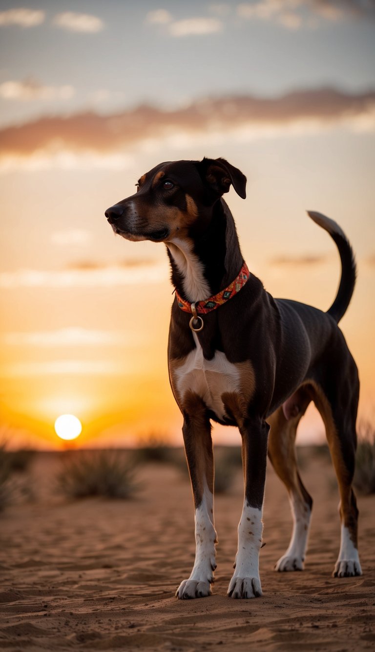 An Azawakh dog standing proudly in a desert landscape, with the sun setting in the background, casting a warm glow over the scene