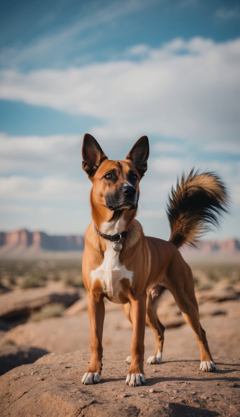 A Canaan Dog standing proudly on a rocky desert landscape, with its alert ears and bushy tail held high, gazing into the distance with a sense of intelligence and loyalty
