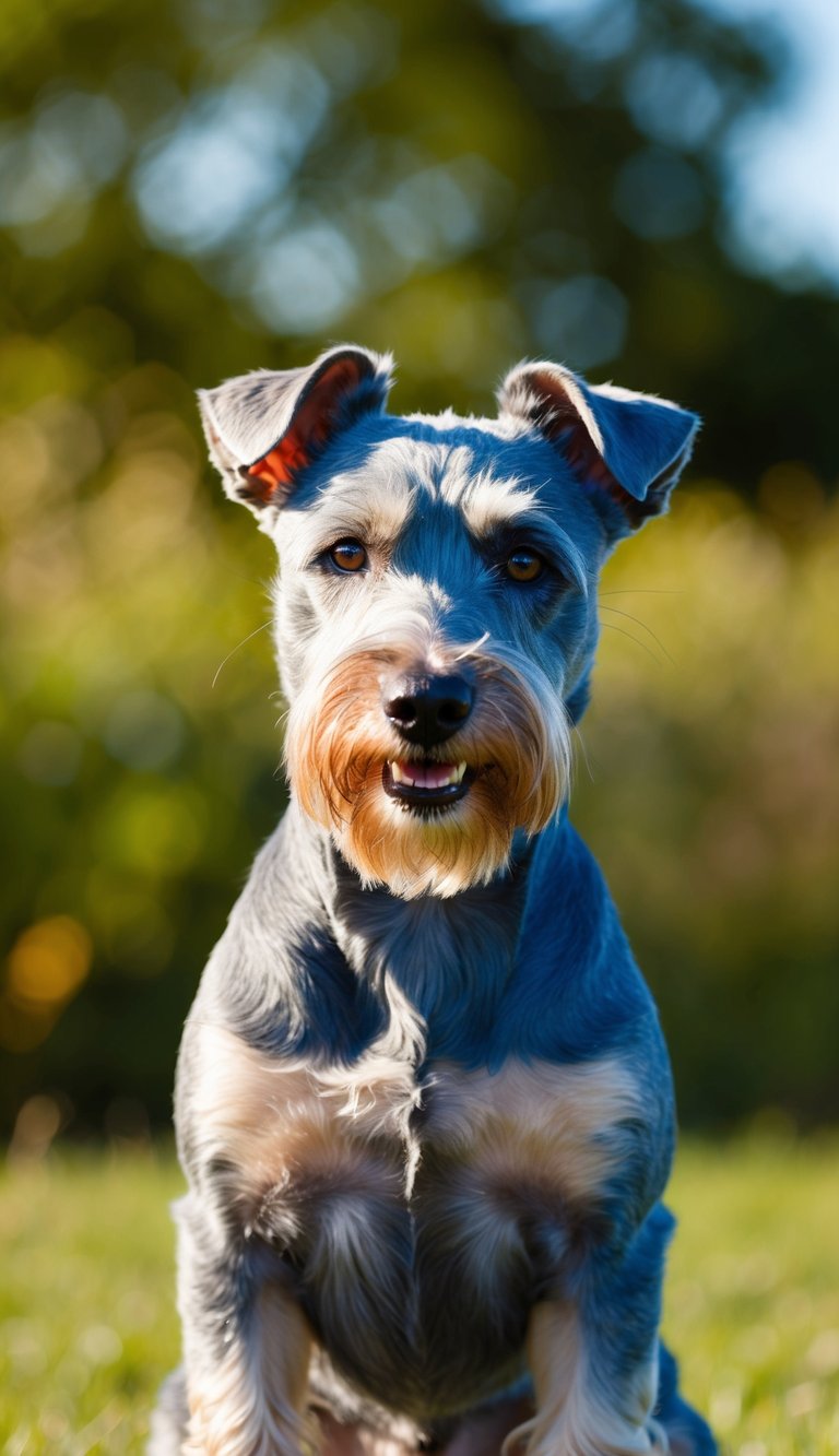 A Kerry Blue Terrier stands proudly, its distinctive blue-gray coat glistening in the sunlight. Its alert expression and sturdy build exude confidence and charm