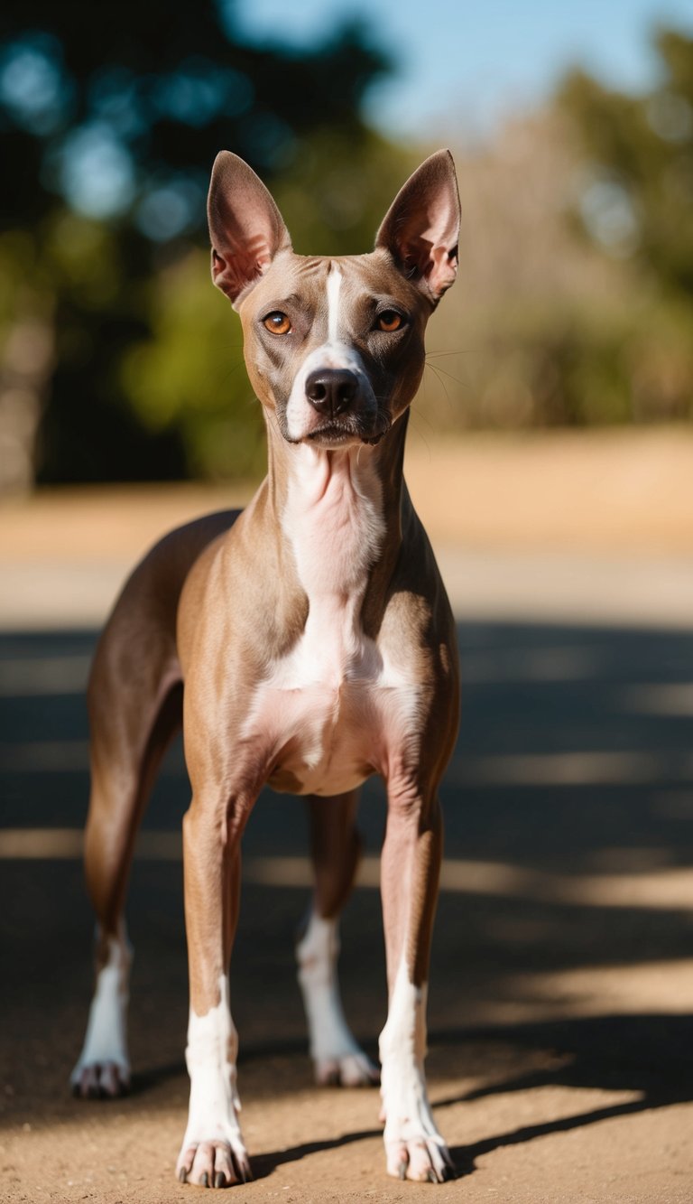 A Xoloitzcuintli dog stands proudly, its sleek, hairless body glistening in the sunlight. Its almond-shaped eyes exude intelligence and loyalty