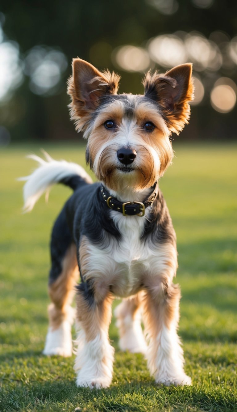 A Dandie Dinmont Terrier stands proudly, with its distinctive long body, large head, and fluffy coat, capturing the essence of this rare and lovable breed
