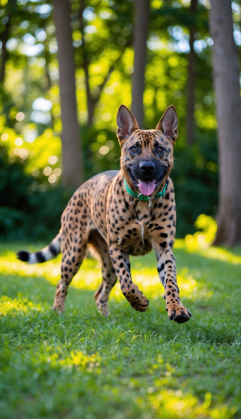 A Catahoula Leopard Dog playing in a lush, forested area, with sunlight filtering through the trees onto its unique, multicolored coat