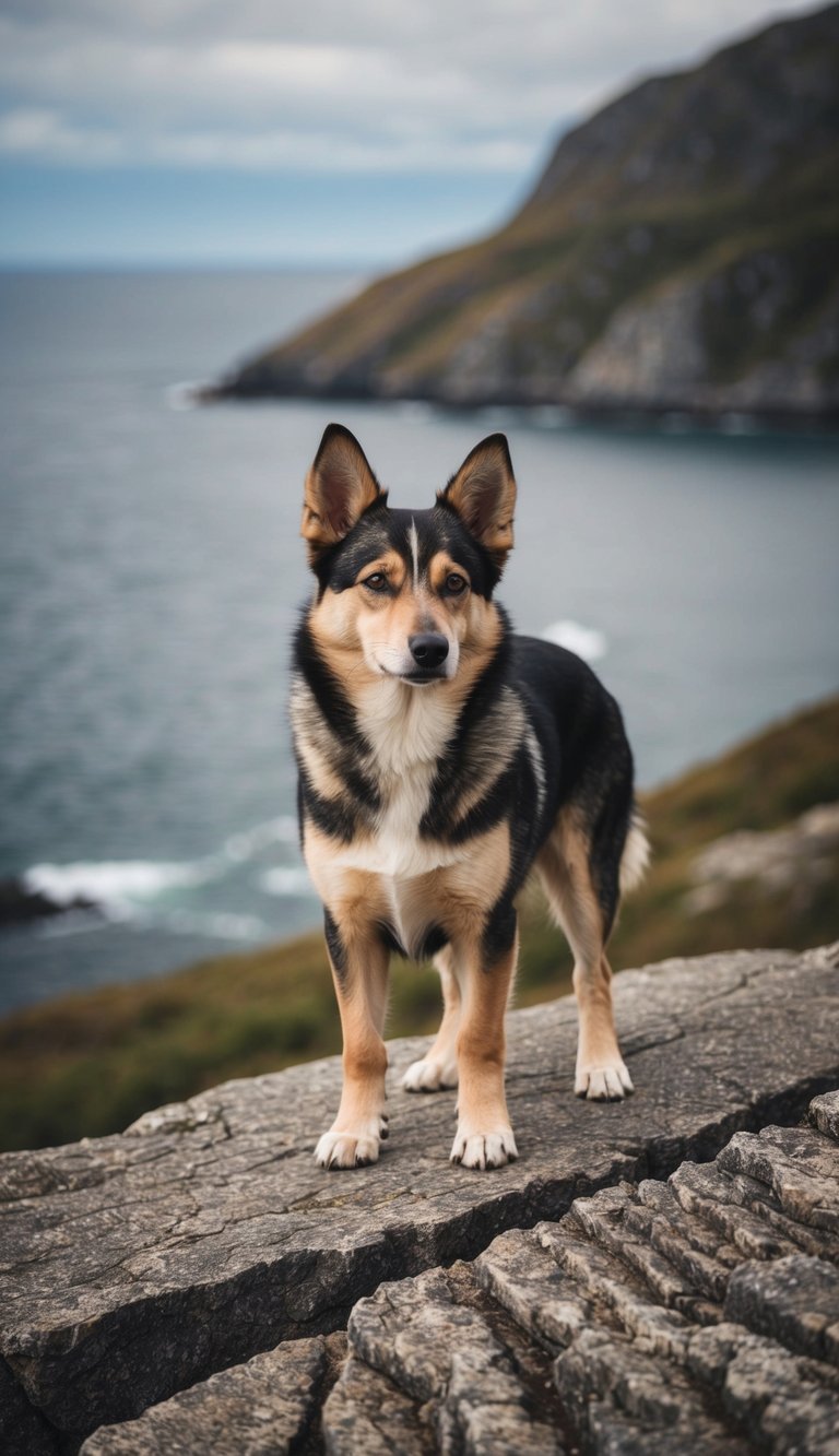 A Norwegian Lundehund stands on a rocky cliff, with its unique six toes per foot gripping the uneven surface. Its pointed ears stand tall as it gazes out over a rugged coastal landscape