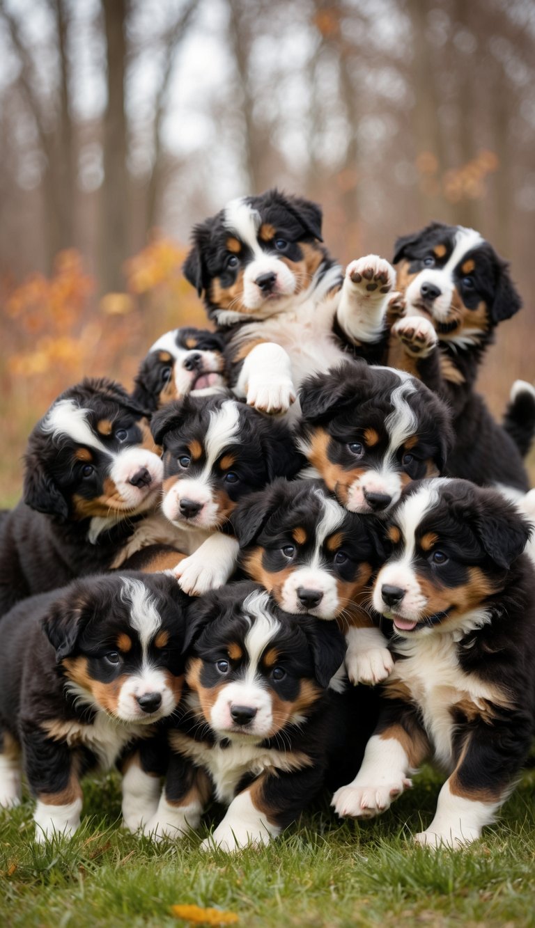 A litter of 21 Bernese Mountain Dog puppies playfully tumbling over each other, their fluffy fur and big, soulful eyes capturing the hearts of anyone who sees them