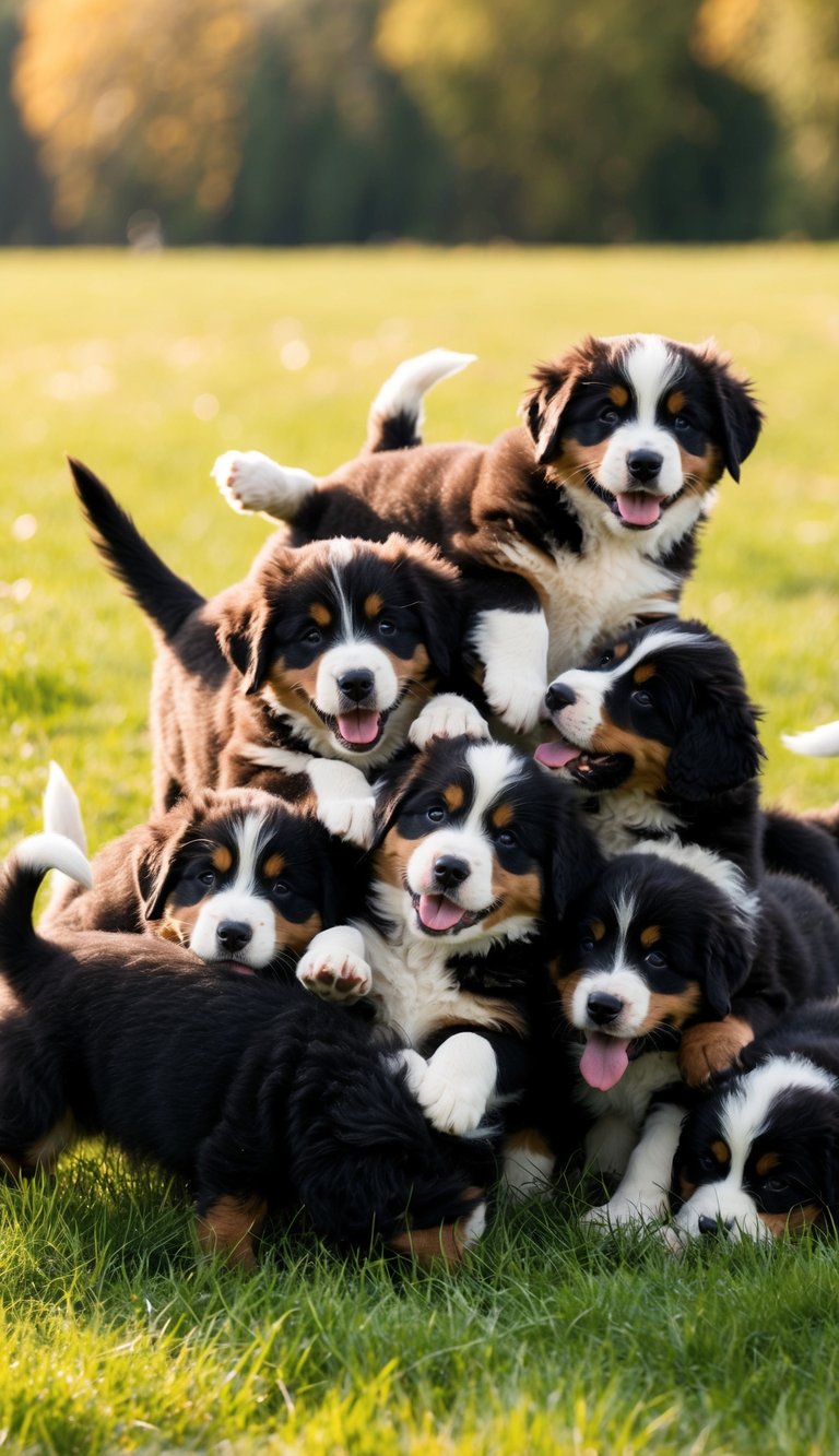 A pile of Bernese Mountain Dog puppies romping in a grassy field, tumbling over each other with wagging tails and joyful barks