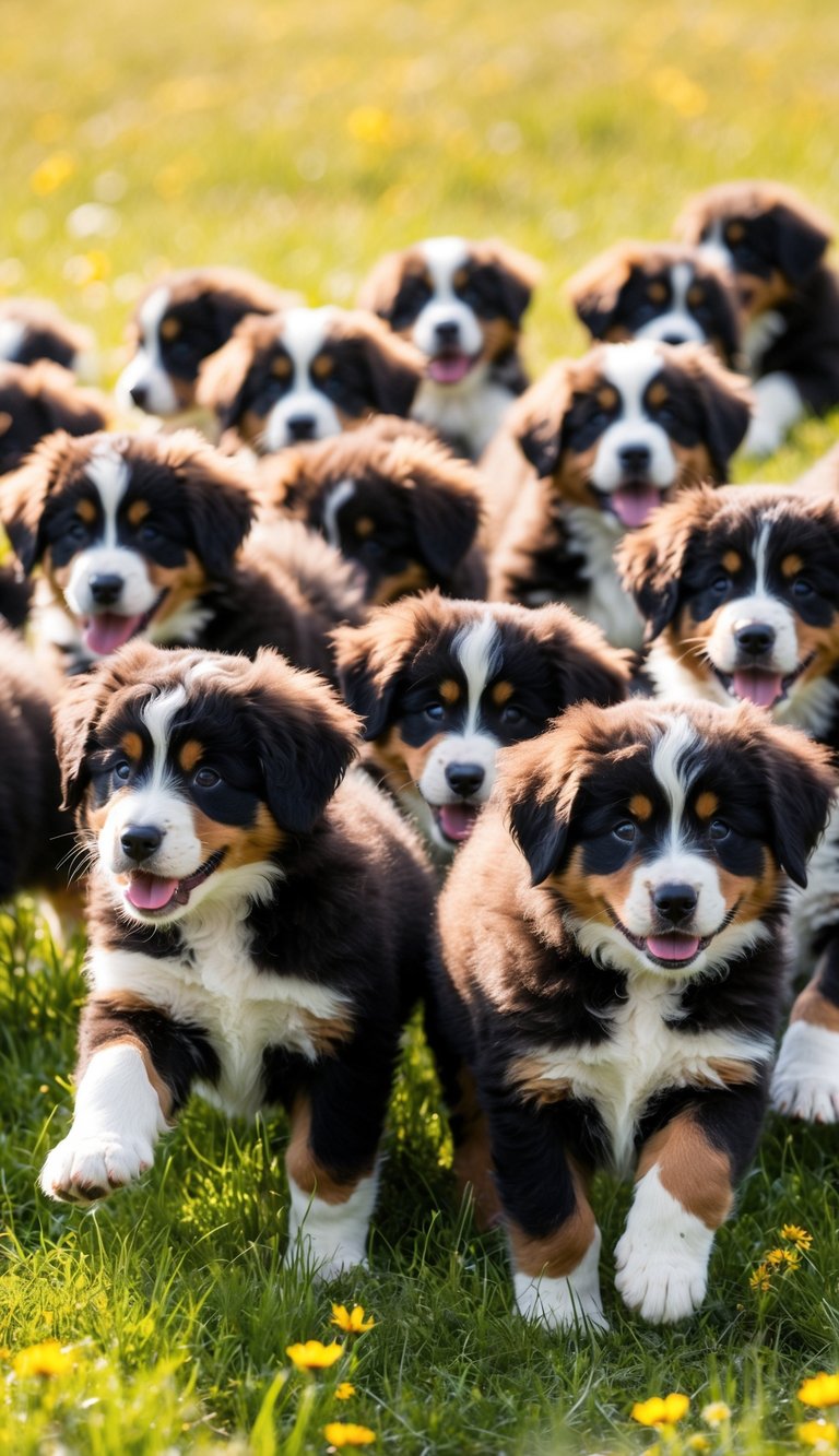 Twenty-one Bernese Mountain Dog puppies with fluffy tri-color coats playfully romping in a sunlit meadow