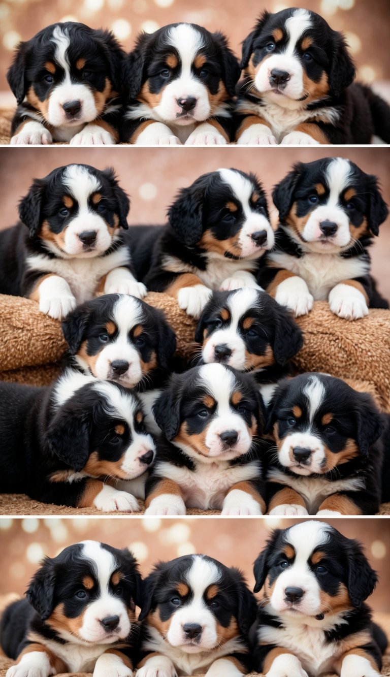 A group of 21 Bernese Mountain Dog puppies with gentle and loyal temperaments, playing and cuddling together, melting hearts with their adorable presence
