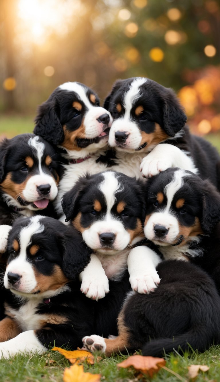 A litter of 21 Bernese Mountain Dog puppies playfully snuggle together, showcasing their strong bond with family