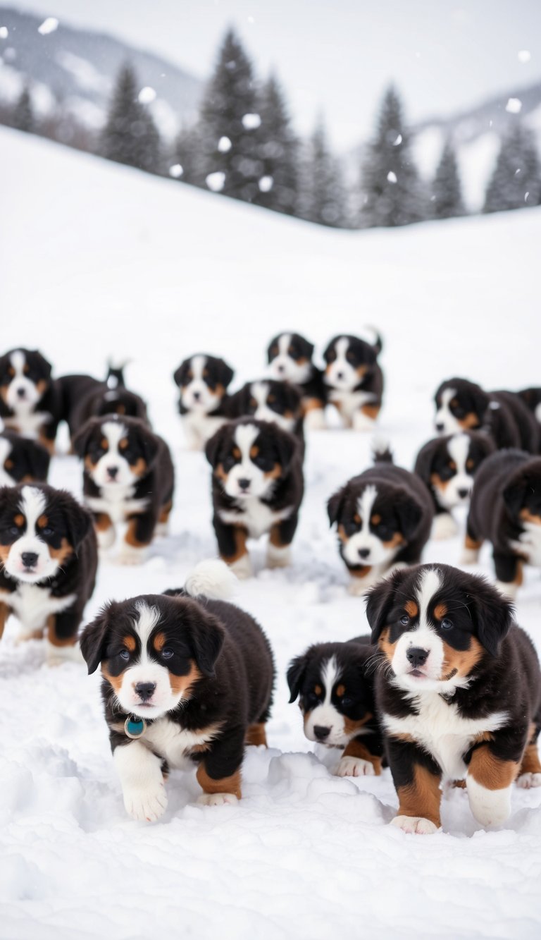 A group of 21 Bernese Mountain Dog puppies playing in the snow, their fluffy fur contrasting against the white landscape