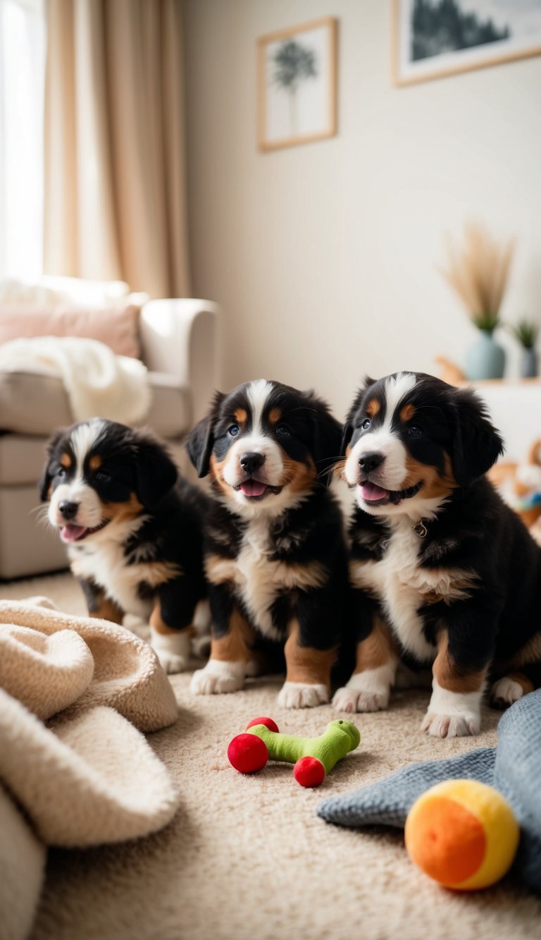 A litter of Bernese Mountain Dog puppies whine and play in a cozy, sunlit room with soft blankets and toys scattered around