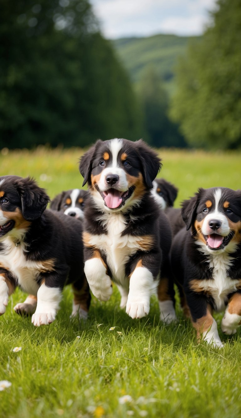 A litter of 21 Bernese Mountain Dog puppies with distinctive white chest markings playfully romping in a lush green meadow