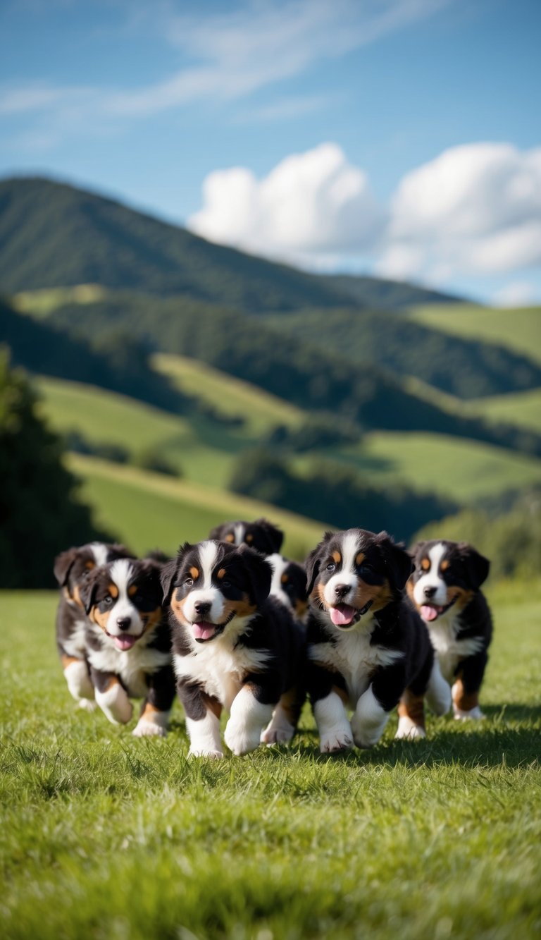 A group of 21 Bernese Mountain Dog puppies playing in a lush outdoor setting, with rolling hills and a clear blue sky in the background