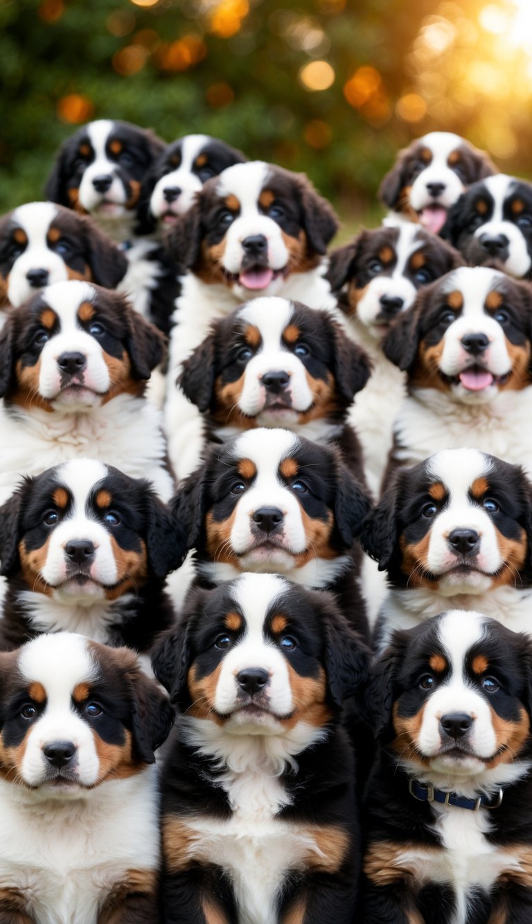 A group of 21 Bernese Mountain Dog puppies with big, sweet eyes, gazing up with adoration, melting hearts with their adorable expressions